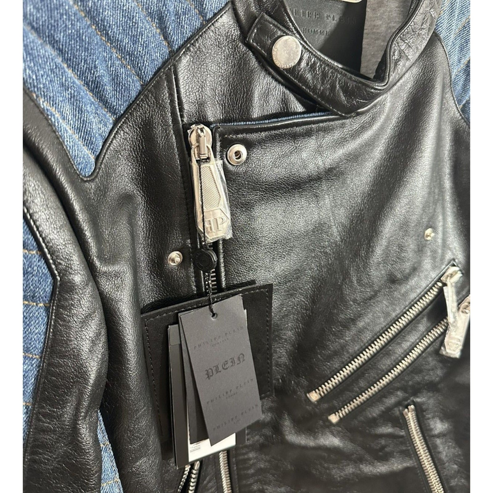 Philipp Plein Leather x Denim Jacket